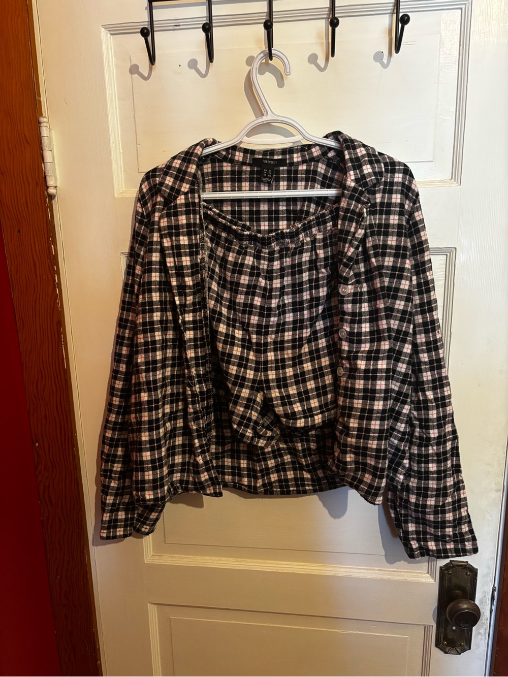 Plaid Flannel Button-Front Shirt and Shorts Sleep Set in Black and Pink